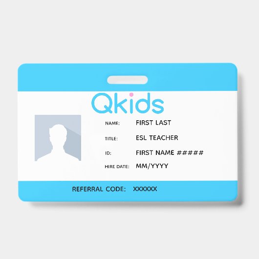 Badge QKids ESL ID de l'enseignant (Avant)