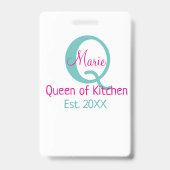 Badge Queen of cuisine monogramme vert rose simple minim (Arrière)