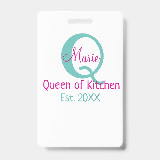 Badge Queen of cuisine monogramme vert rose simple minim (Avant)