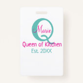 Badge Queen of cuisine monogramme vert rose simple minim (Devant)