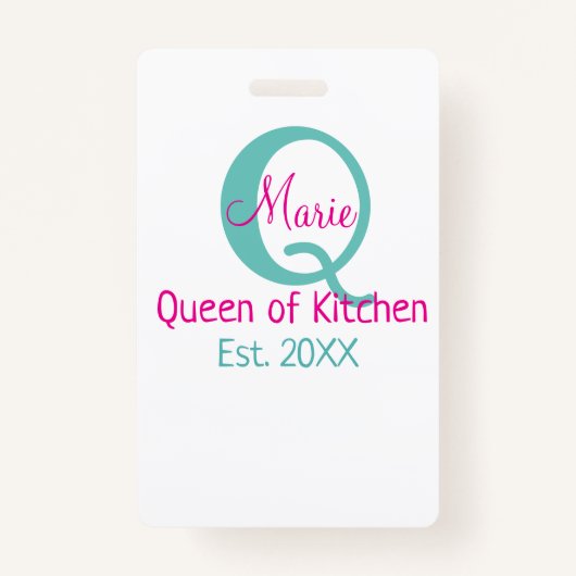 Badge Queen of cuisine monogramme vert rose simple minim (Devant)