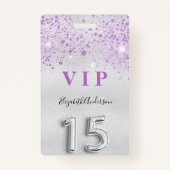 Badge Quinceanera argent violet parties scintillant invi (Devant)