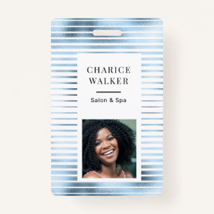 Badge rayures métalliques bleu feuille de bleu nom de la