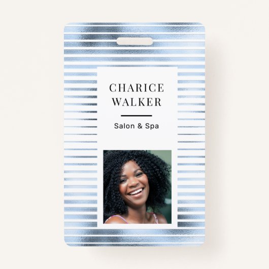 Badge rayures métalliques bleu feuille de bleu nom de la (Devant)