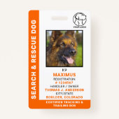 Badge Recherche & Secourir ID chien SAR K9 Logo personna (Devant)