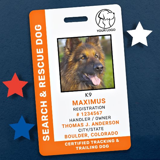 Badge Recherche & Secourir ID chien SAR K9 Logo personna