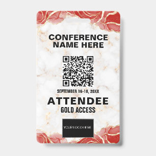 Badge Red Agate Gold Marble QR Code Conference Événement
