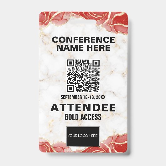 Badge Red Agate Gold Marble QR Code Conference Événement (Avant)