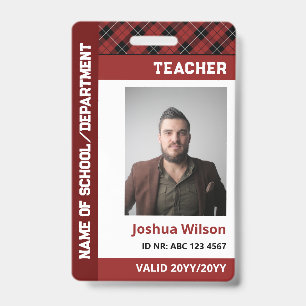 Badge Red Burgundy Plaid Photo ID École Enseignant