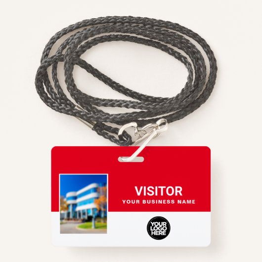 Badge Red Business Visitor Photo Bar Code, Logo Lanyard (Devant avec lanière)