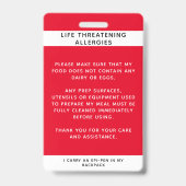 Badge Red Food Allergie Alerte ID enfant (Back)