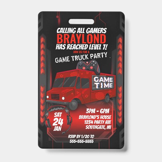 Badge Red Game Truck Anniversaire Fête VIP Invitation (Front)