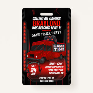 Badge Red Game Truck Anniversaire Fête VIP Invitation