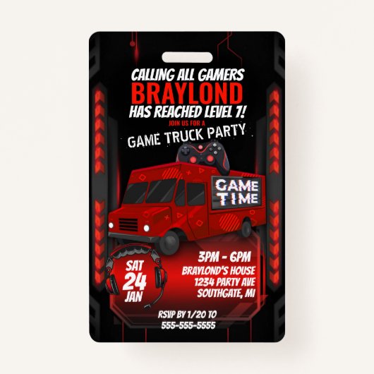 Badge Red Game Truck Anniversaire Fête VIP Invitation (Devant)