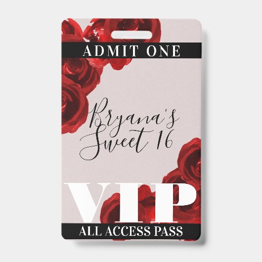 Badge Red Roses Rustic Chic Sweet 16 VIP Pass (Avant)