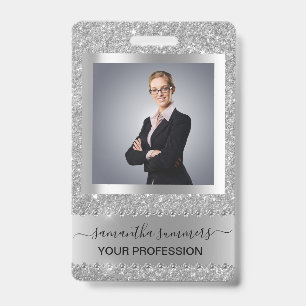 Badge Regard Gris Argent Paillettes Vue Bling Diamant En