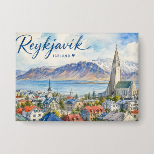 Badge Reykjavik Islande souvenir aquarelle