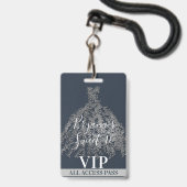 Badge Robe Feuilles Rustiques Argent Bleu Sweet 16 VIP P (Arrière avec lanière)
