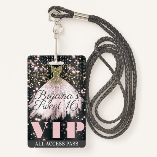 Badge Robe rose Gris Or Étincelle Douce 16 VIP Pass (Devant avec lanière)