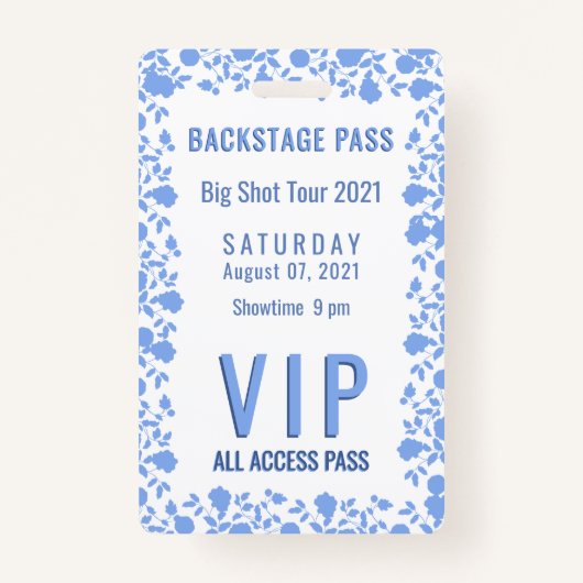 Badge Romantique Soft Plutôt Bleu Floral VIP Pass (Devant)