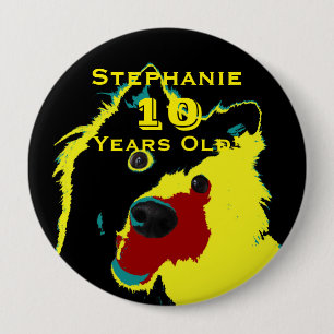 Badge Rond 10 Cm 10 Ans, Joyeux Bouton de chien jaune Pinback