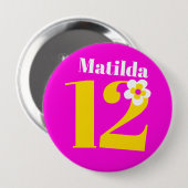 Badge Rond 10 Cm 12e fête d'anniversaire filles jaune rose blanc (Devant & derrière)
