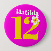 Badge Rond 10 Cm 12e fête d'anniversaire filles jaune rose blanc (Devant)