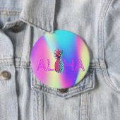 Badge Rond 10 Cm Aloha Hawaiian Ananas Holographique (En situation)
