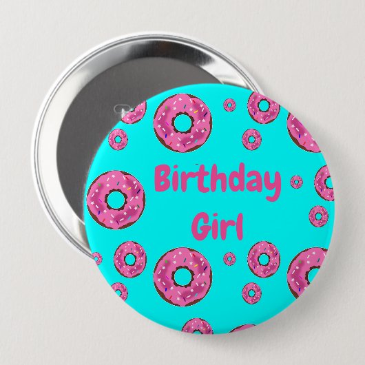 Badge Rond 10 Cm Anniversaire fille beignets crème rose (Devant & derrière)