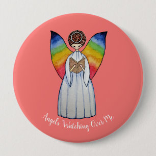 Badge Rond 10 Cm Aquarelle Angel Avec Arcs-En-Ciel Lire Un Livre