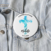 Badge Rond 10 Cm Aquarelle bleue Croix chrétienne Baptême (En situation)