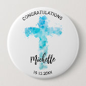 Badge Rond 10 Cm Aquarelle bleue Croix chrétienne Baptême (Devant)