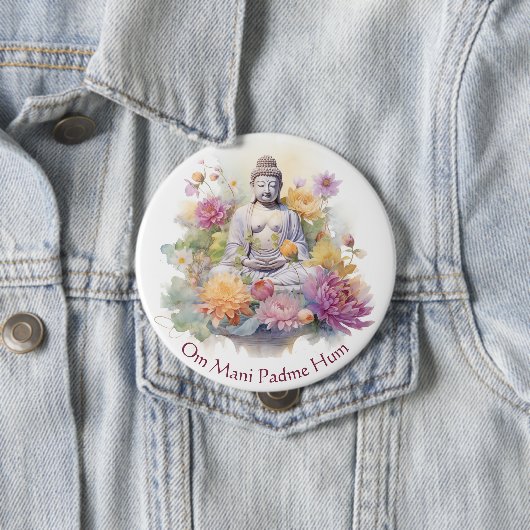 Badge Rond 10 Cm Aquarelle Serene Bouddha rose Fleurs Jaunes Art (En situation)