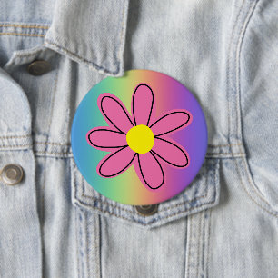 Badge Rond 10 Cm Arc-en-ciel avec bouton Fleur rose