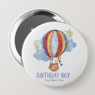Badge Rond 10 Cm Ballon à Air Chaud Bleu Rouge Etoiles Joyeux Anniv