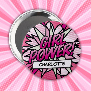 Badge Rond 10 Cm Bande dessinée GIRL POWER personnalisée Rose