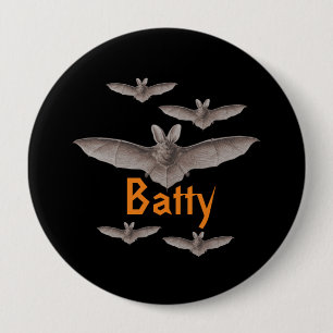 Badge Rond 10 Cm Batty Batty Vintage chauves-souris noir et orange
