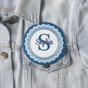 Badge Rond 10 Cm Bleu Nuit Élégant Blanc Broderie Monogramme Nom