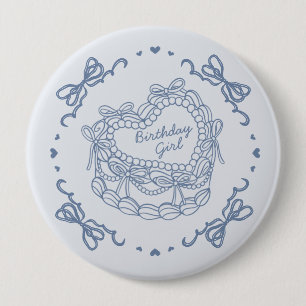 Badge Rond 10 Cm Blue Bow Retro Coeur Coquette gâteau Anniversaire 