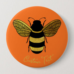 BADGE ROND 10 CM BOMBÉE NOIRE JAUNE BRILLANTE EN BOIS NOIR BEE TEXT