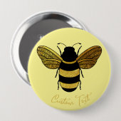 BADGE ROND 10 CM BOMBÉE NOIRE JAUNE BRILLANTE EN BOIS NOIR BEE TEXT (Devant & derrière)