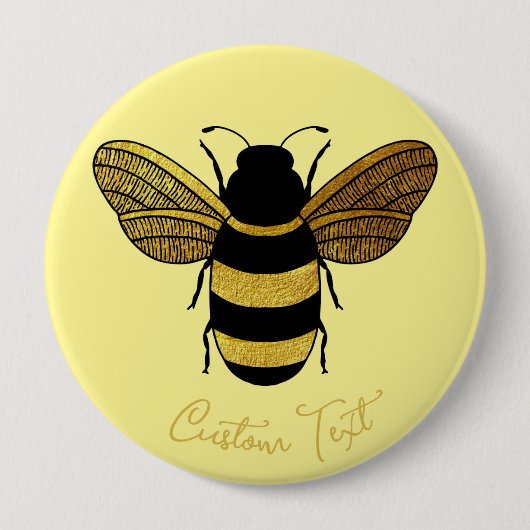 BADGE ROND 10 CM BOMBÉE NOIRE JAUNE BRILLANTE EN BOIS NOIR BEE TEXT (Devant)