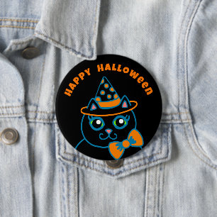 Badge Rond 10 Cm Bouton Chat Noir Retro Joyeux Halloween