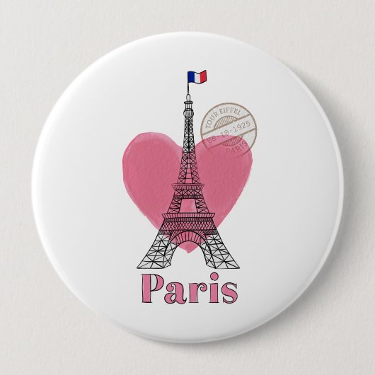 Badge Rond 10 Cm Bouton Heart Love Paris (Devant)