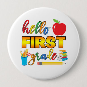 Badge Rond 10 Cm Bouton Hello First Grade