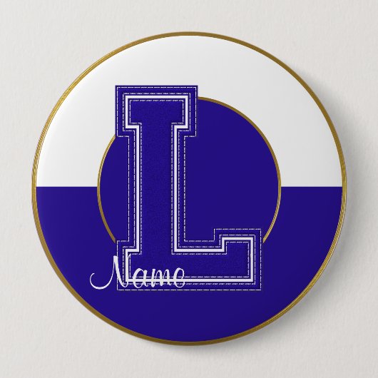 Badge Rond 10 Cm Bouton monogramme de l'école, Lettre bleu-blanc L (Devant)