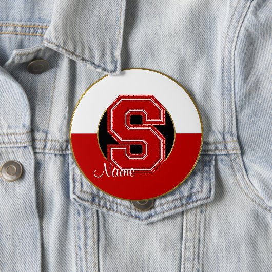 Badge Rond 10 Cm Bouton monogramme de l'école, Lettre rouge-blanche (En situation)