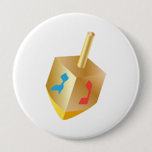 Badge Rond 10 Cm Button Hanoukka Festival Gold Wood Dreidel Hébreu
