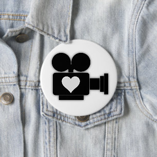 BADGE ROND 10 CM CAMÉRA ET COEUR DE FILMS RETRO NOIR ET BLANC