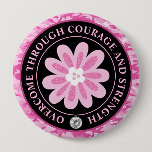 Badge Rond 10 Cm Camouflage Fleur Pailletée Sensibilisation au Canc